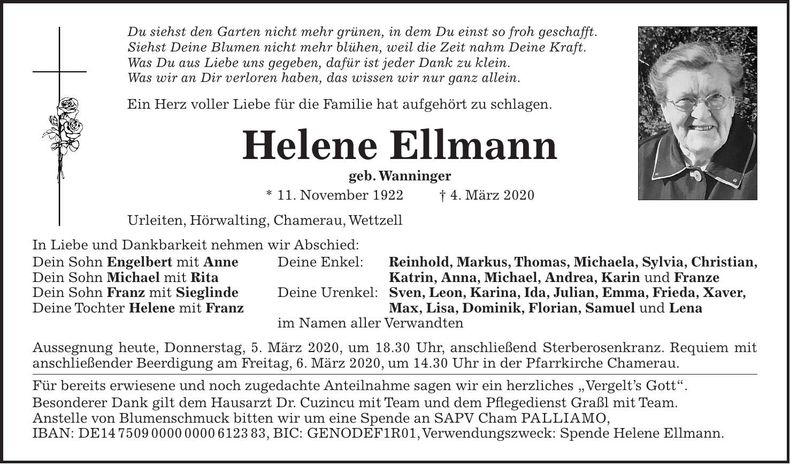 Traueranzeige Helene Ellmann