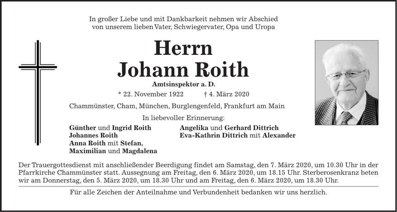 Traueranzeige Johann Roith
