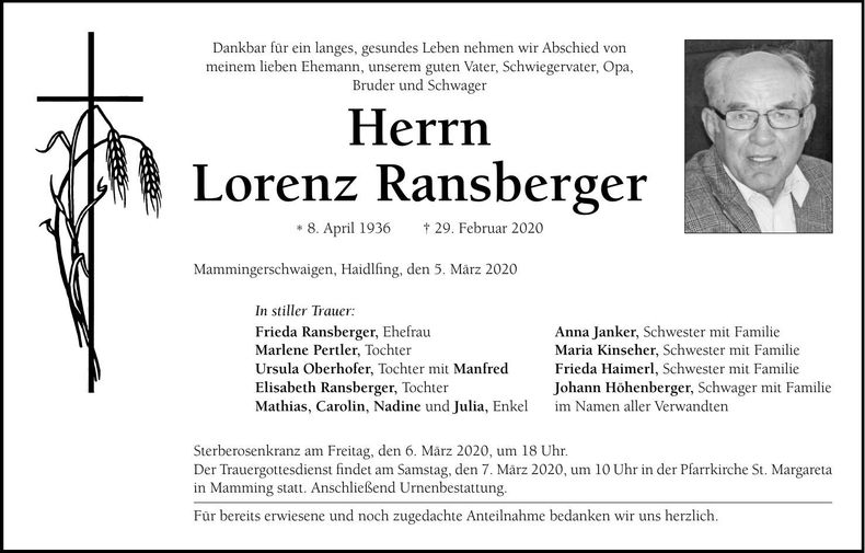 Traueranzeige Lorenz Ransberger