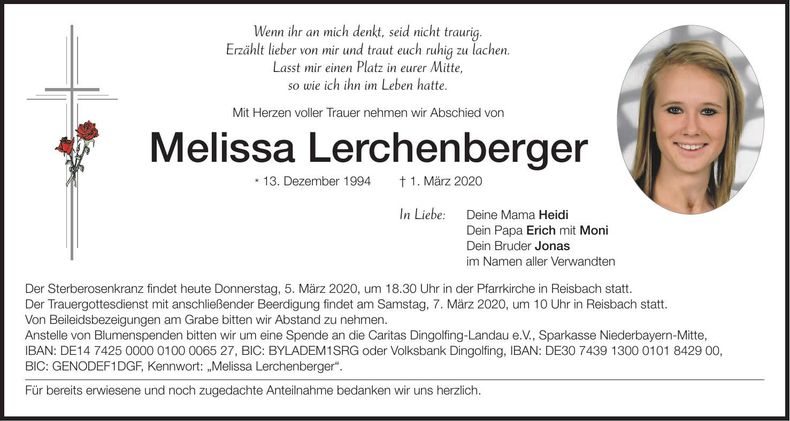 Traueranzeige Melissa Lerchenberger