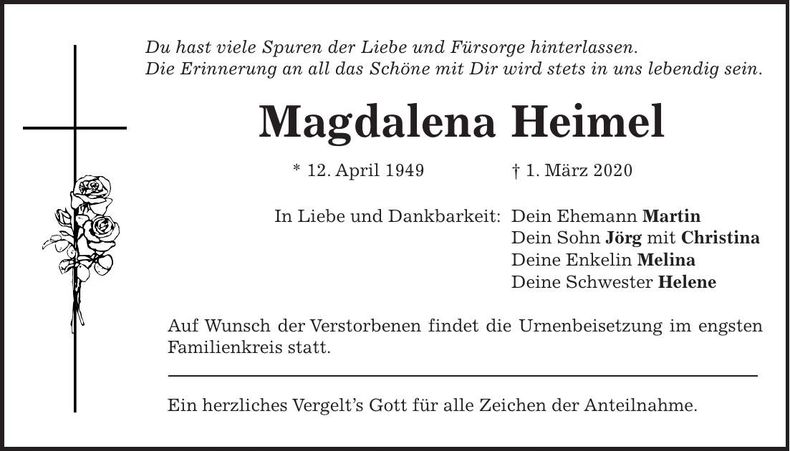 Traueranzeige Magdalena Heimel