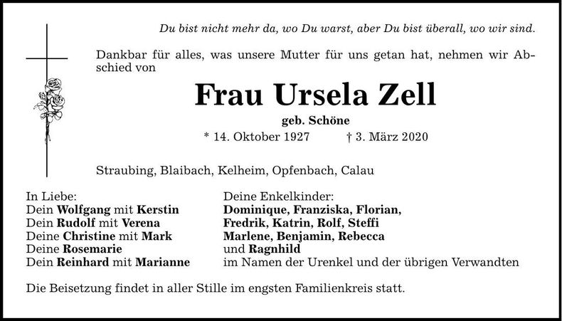 Traueranzeige Ursula Zell