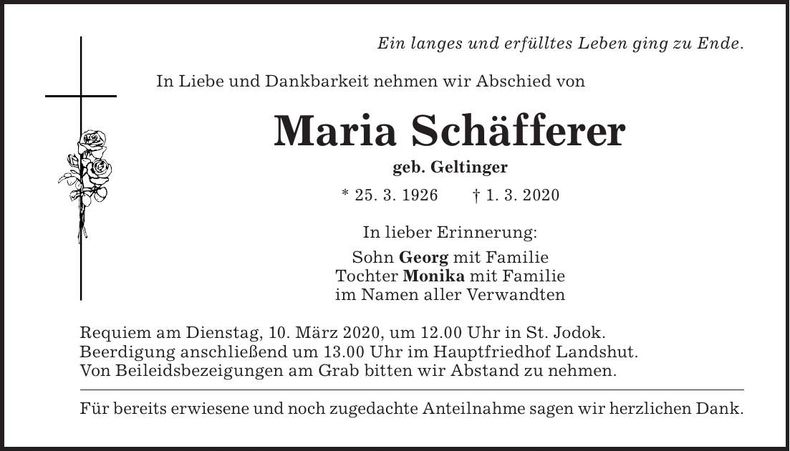 Traueranzeige Maria Schäfferer