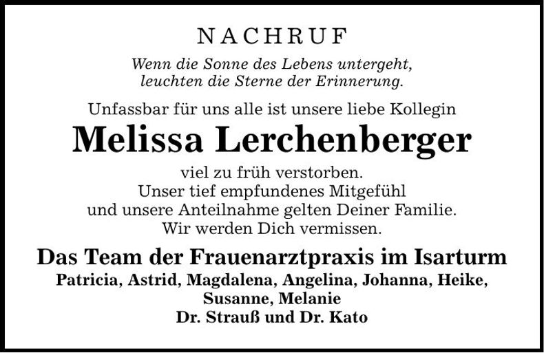Traueranzeige Melissa Lerchenberger