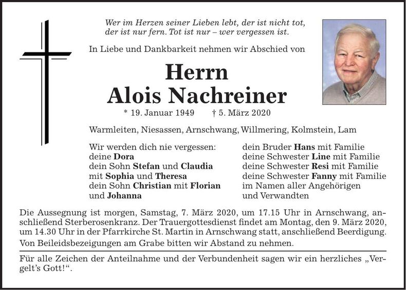 Traueranzeige Alois Nachreiner