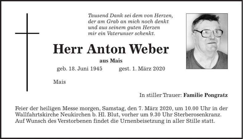 Traueranzeige Anton Weber