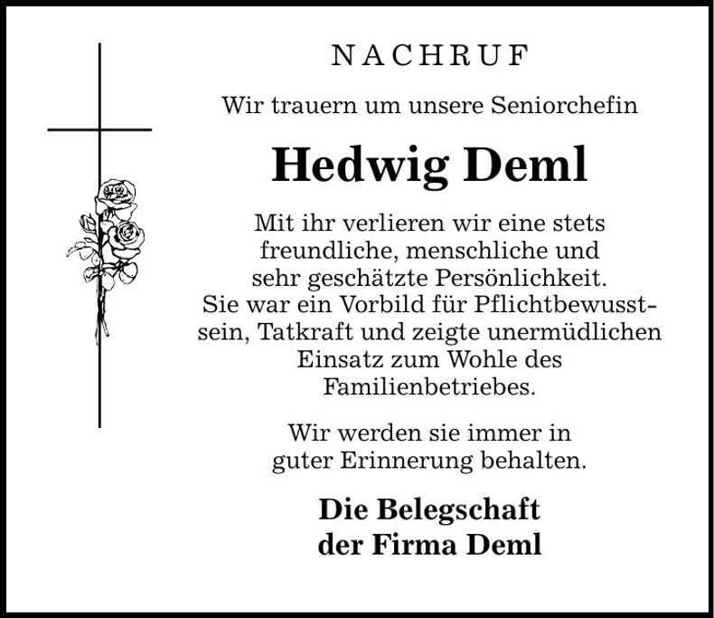 Traueranzeige Hedwig Deml