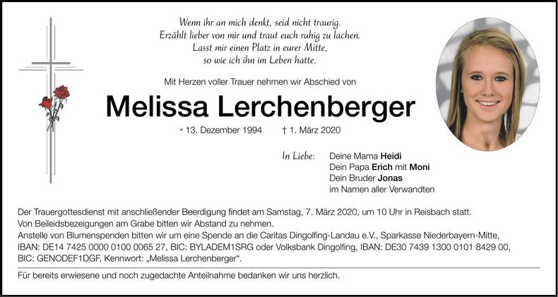 Traueranzeige Melissa Lerchenberger