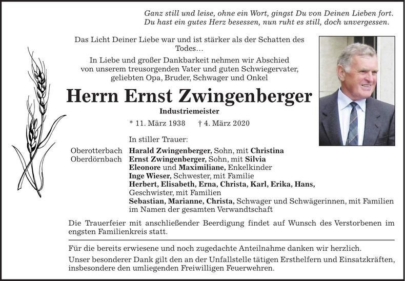 Traueranzeige Ernst Zwingenberger