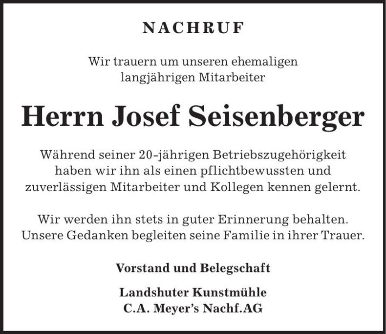 Traueranzeige Josef Seisenberger