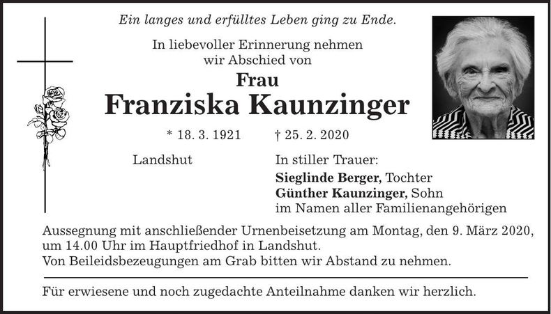 Traueranzeige Franziska Kaunzinger