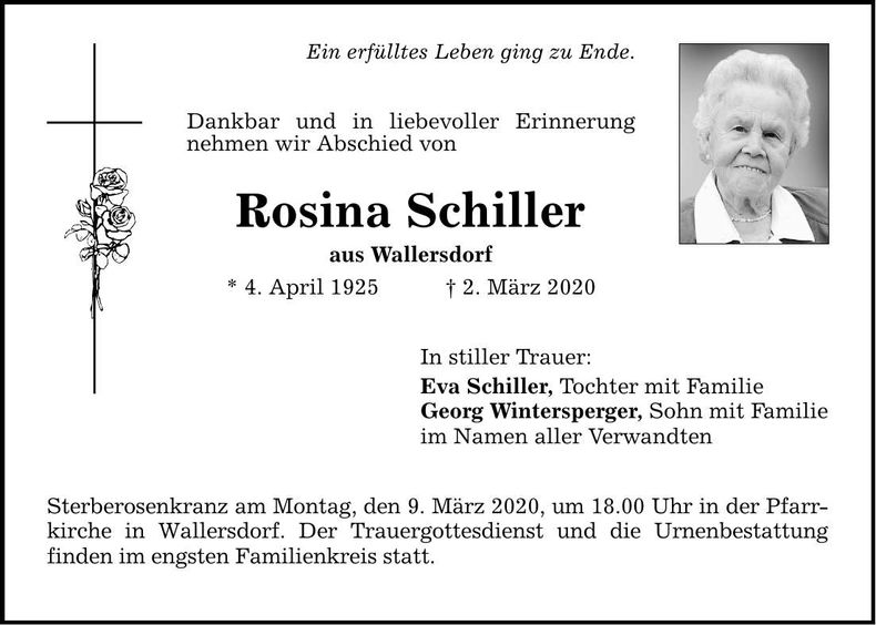 Traueranzeige Rosina Schiller