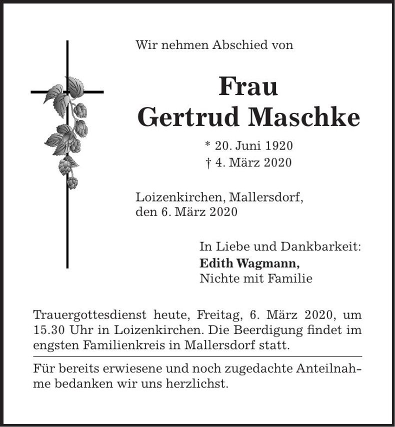 Traueranzeige Gertrud Maschke