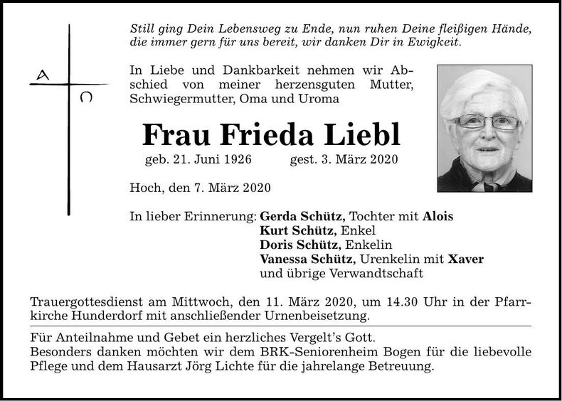 Traueranzeige Frieda Liebl
