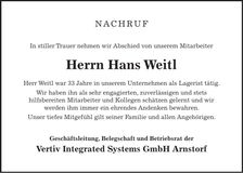 Traueranzeige Hans Weitl