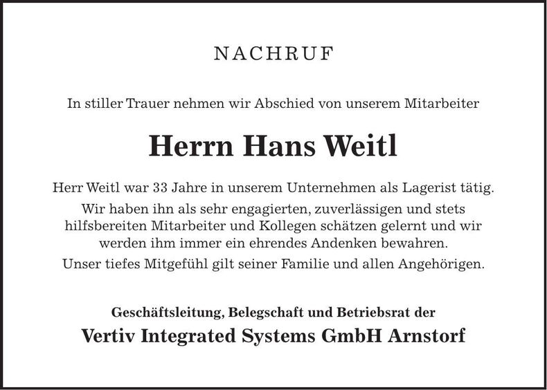 Traueranzeige Hans Weitl