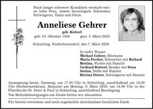Traueranzeige Anneliese Gehrer