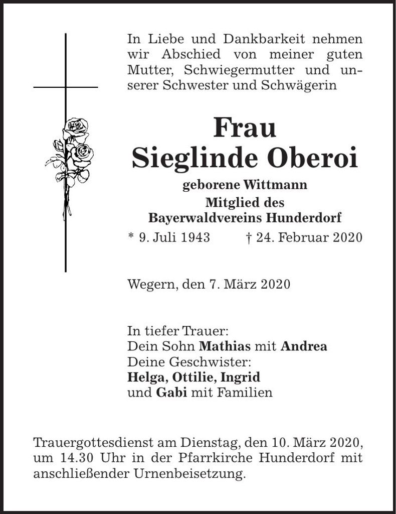 Traueranzeige Sieglinde Oberoi