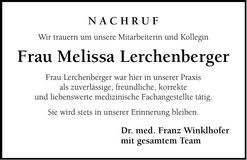Traueranzeige Melissa Lerchenberger