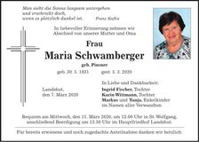 Traueranzeige Maria Schwamberger