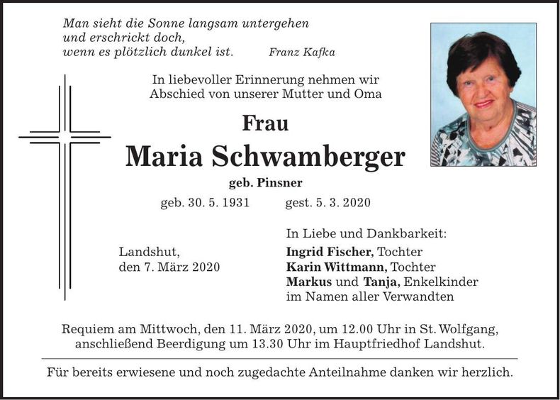 Traueranzeige Maria Schwamberger