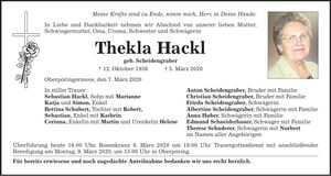 Traueranzeige Thekla Hackl
