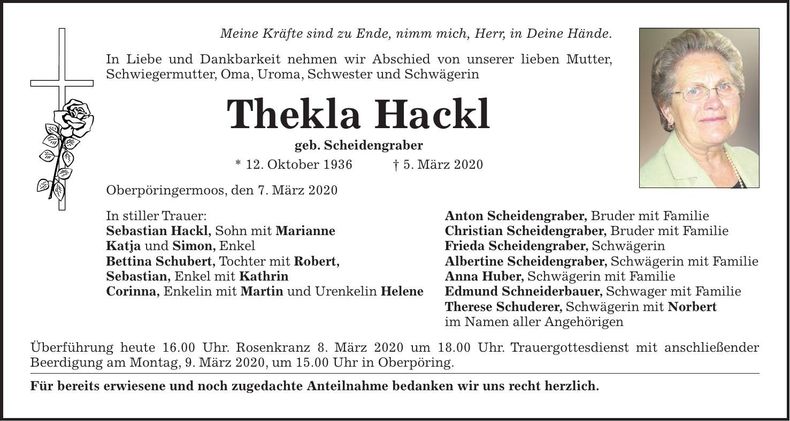 Traueranzeige Thekla Hackl