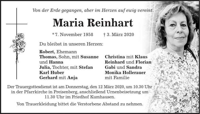 Traueranzeige Maria Reinhart