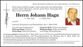 Traueranzeige Johann Hagn