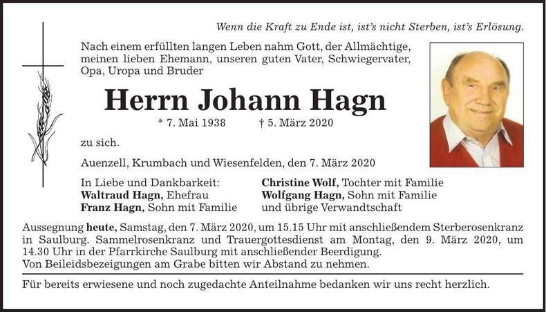 Traueranzeige Johann Hagn