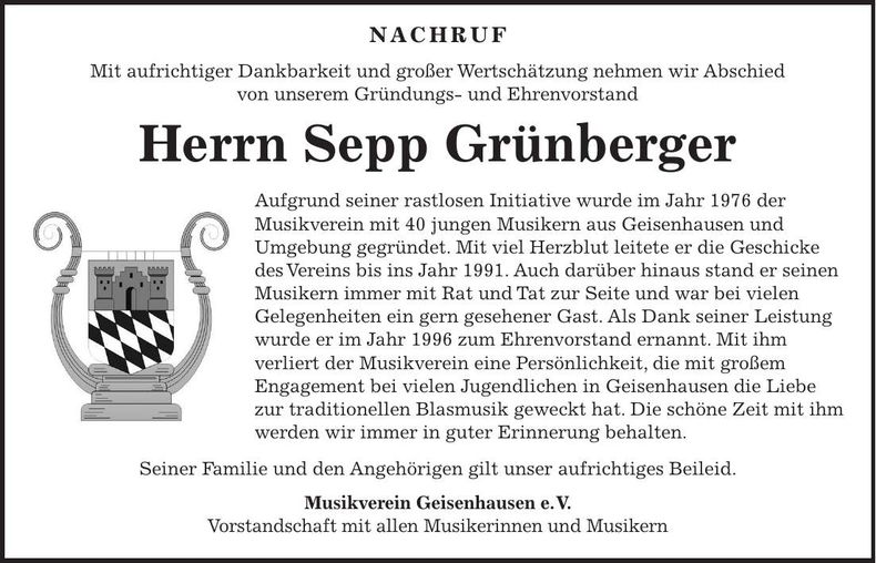 Traueranzeige Josef Grünberger