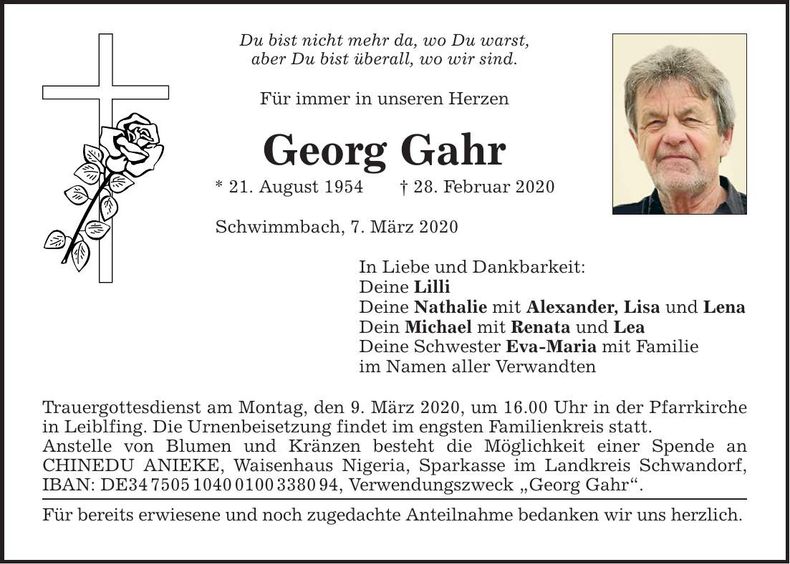 Traueranzeige Georg Gahr