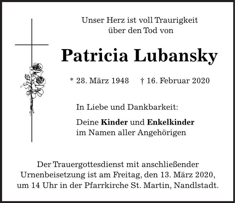 Traueranzeige Patricia Lubansky
