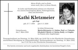 Traueranzeige Kathi Kletzmeier