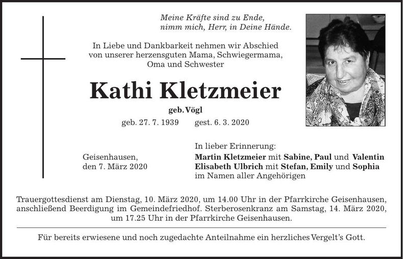 Traueranzeige Kathi Kletzmeier
