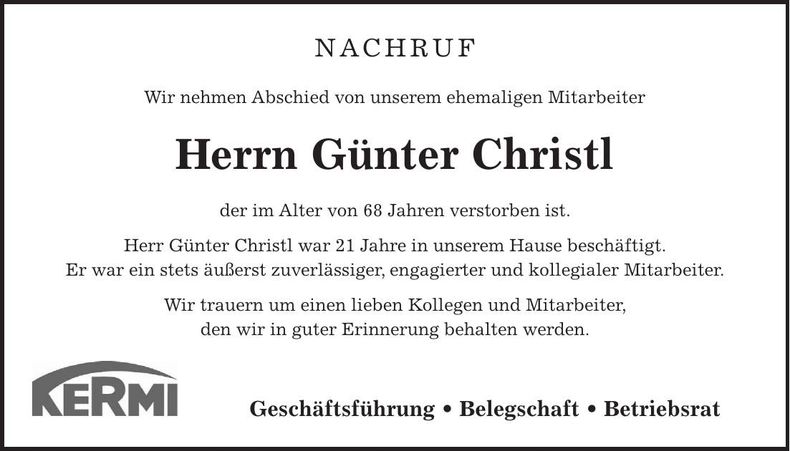 Traueranzeige Günter Christl