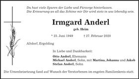 Traueranzeige Irmgard Anderl