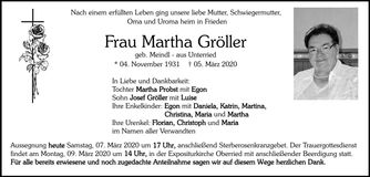 Traueranzeige Martha Gröller