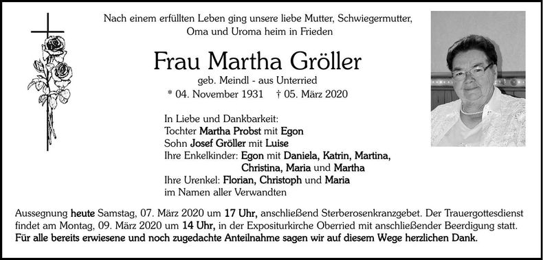 Traueranzeige Martha Gröller