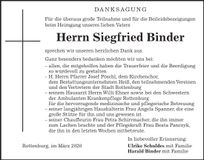 Traueranzeige Siegfried Binder