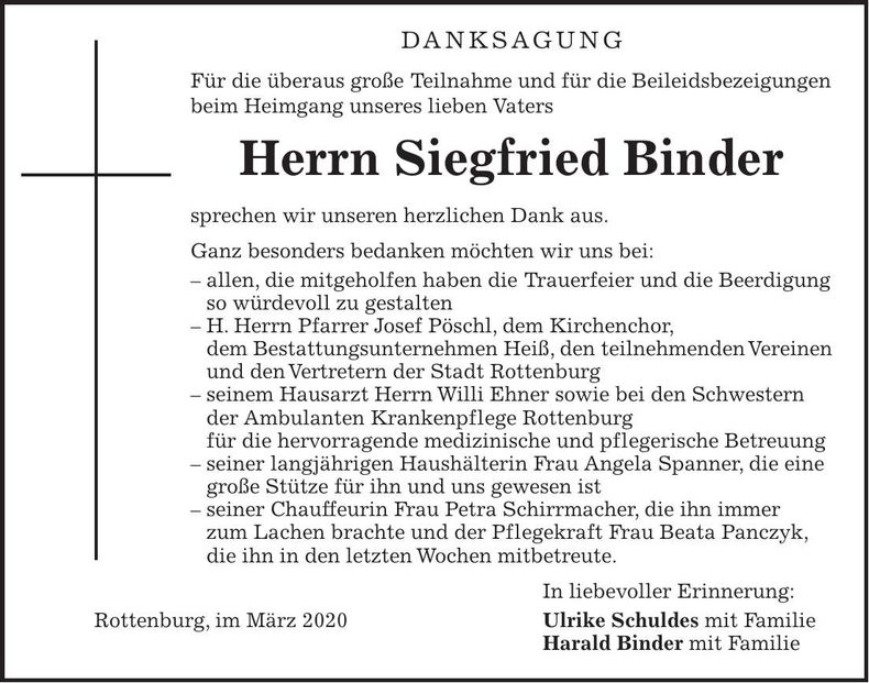 Traueranzeige Siegfried Binder