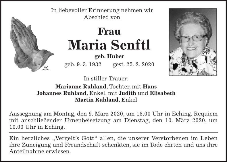Traueranzeige Maria Senftl