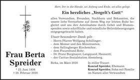 Traueranzeige Berta Spreider