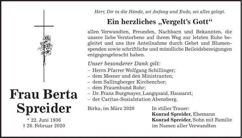 Traueranzeige Berta Spreider