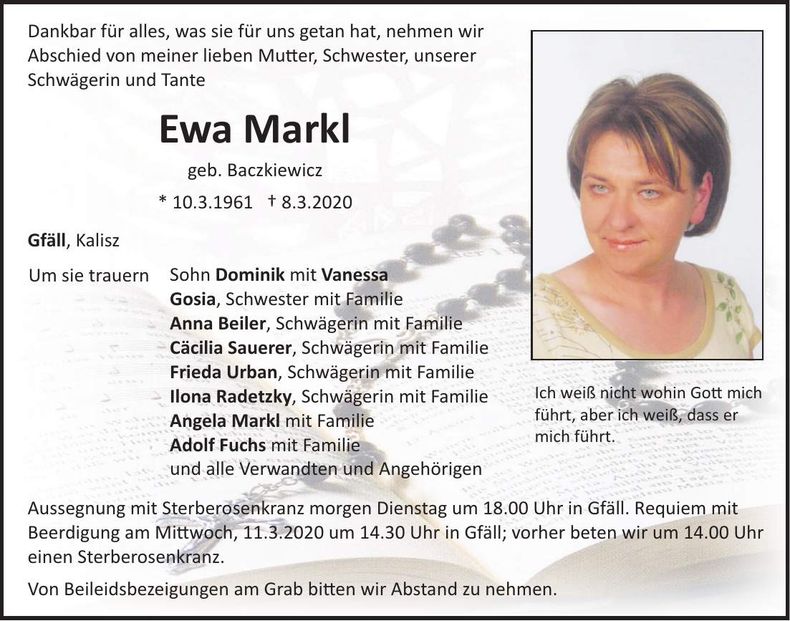 Traueranzeige Ewa Markl
