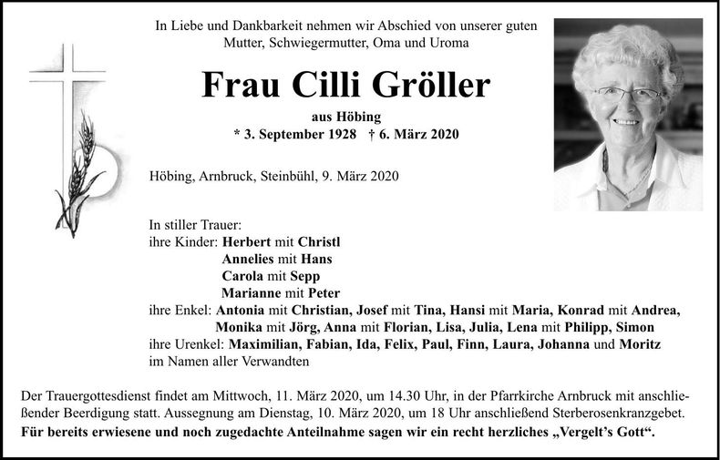 Traueranzeige Cilli Gröller