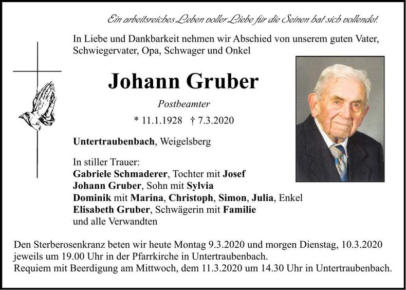 Traueranzeige Johann Gruber
