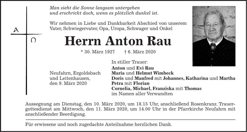 Traueranzeige Anton Rau