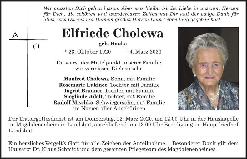 Traueranzeige Elfriede Cholewa