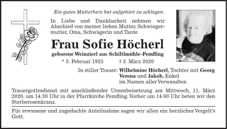 Traueranzeige Sofie Höcherl